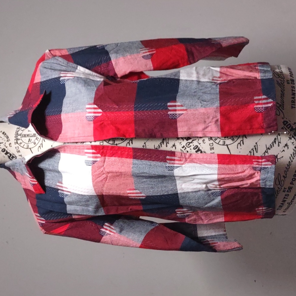 Keren Hart Collared Zipper Tops Heart Printed Plaid Size S Multicolor